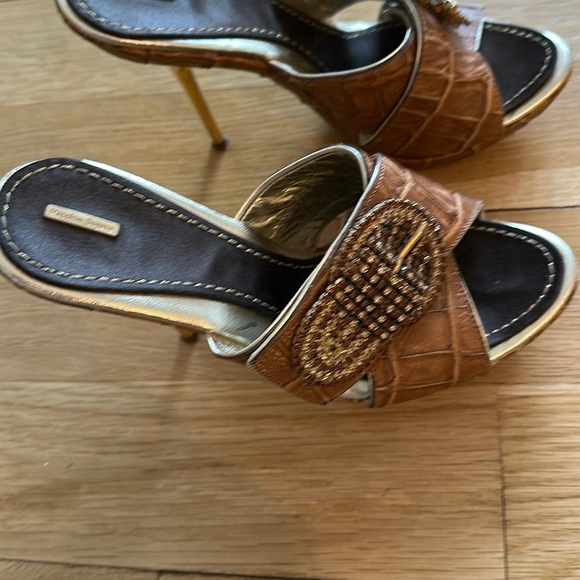 Massimmio Dogano Vintage Brown and Gold High Heel Mules with Platform - Picture 4 of 6